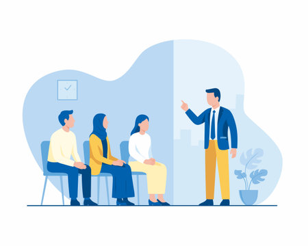 Flat Illustration of Corporate Workshop: Leader Presenting to a Group of Diverse Employees in a Modern Office Workspaceのイラスト素材