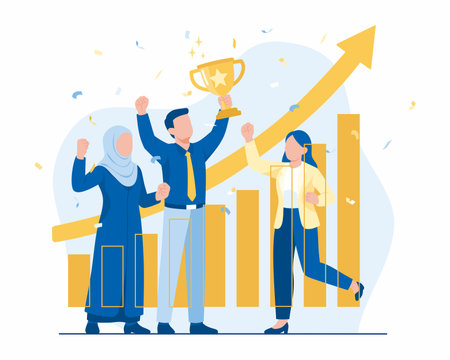 Flat Illustration of Achievement Celebration: Happy Coworkers Holding Gold Trophy and Cheering for Positive Business Results with Increasingly Growing Chart Backgroundのイラスト素材