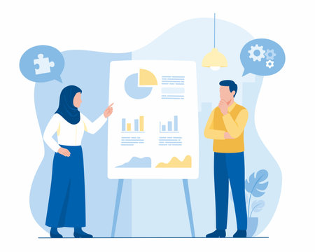 Flat Illustration of a Business Presentation and Analysis: A Female Speaker Discusses Charts on a Presentation Board with a Male Colleague, Representing Problem Solving and Strategyのイラスト素材
