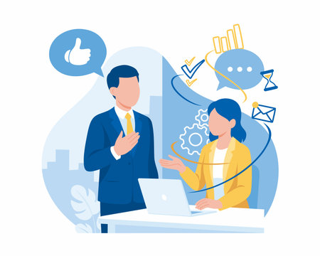 Flat Illustration of Recognizing Hard Work: A Male Manager Appreciating a Female Colleague for Successfully Completing Multiple Tasks with Positive Feedbackのイラスト素材