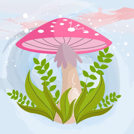 mushroom character surrounded by leaves growing around it on a watercolor backgroundのイラスト素材