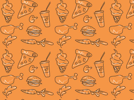 food and fruit pattern assorted fruits and foods with flat line art designのイラスト素材