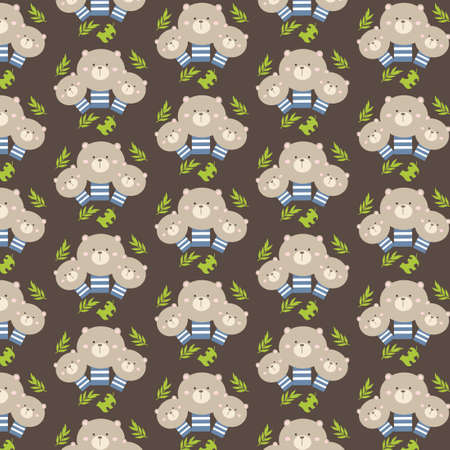 pattern of 3 bears with leaf ornaments around it on a dark brown backgroundのイラスト素材
