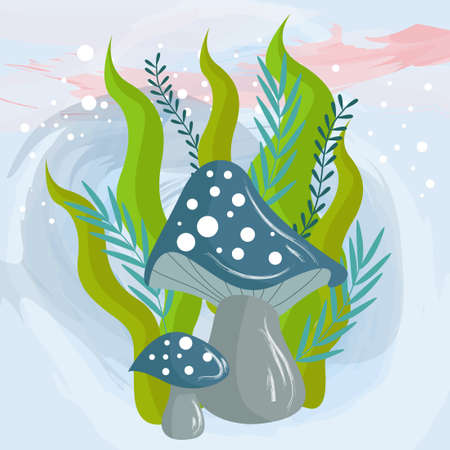 mushroom character surrounded by leaves growing around it on a watercolor backgroundのイラスト素材