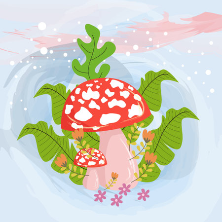 mushroom character surrounded by leaves growing around it on a watercolor backgroundのイラスト素材