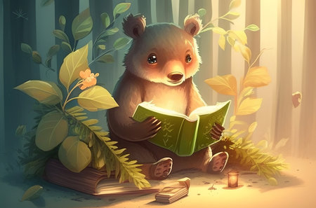 Cute little bear reading a book in the forest. Illustrationの素材