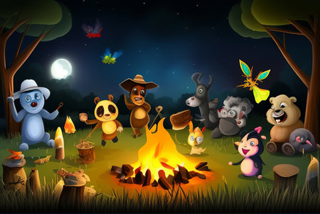 Illustration of a group of animals near the bonfire at nightの素材