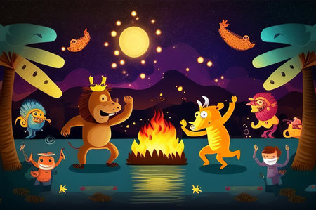Vector illustration of cartoon animals and fire on night sky background. Flat style.の素材