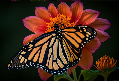 Monarch butterfly on dahlia flower isolated on black background.の素材