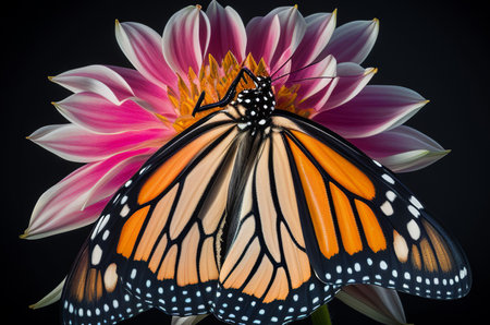 Monarch butterfly on a pink dahlia flower isolated on black backgroundの素材