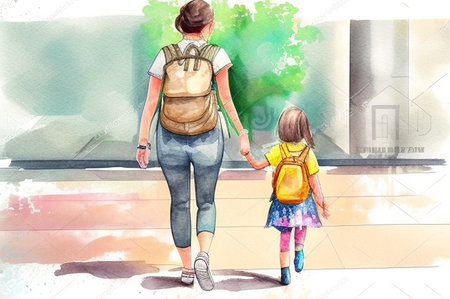 Watercolor illustration of mother and daughter with backpacks going to schoolの素材
