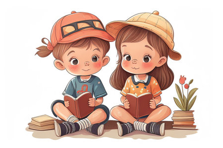 Cute little children, boy and girl, reading a book. Vector illustrationの素材