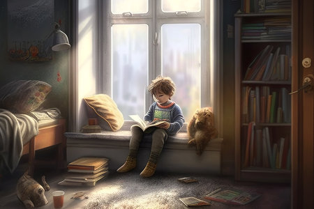 Little boy reading a book in his room. 3D rendering.の素材