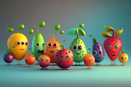 Funny fruit characters with smiley faces. 3d illustration.の素材