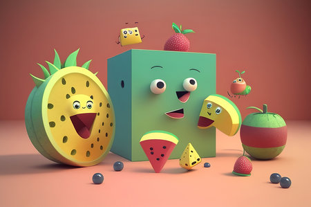 Funny watermelon and watermelon characters. 3d illustration.の素材
