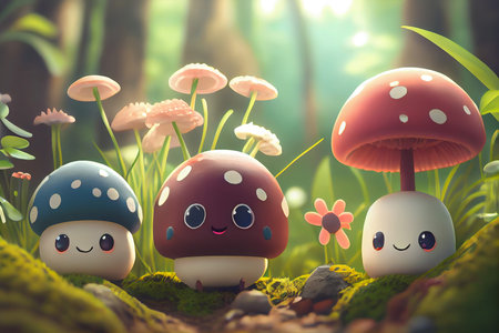 Funny mushrooms in the forest. 3d rendering, 3d illustration.の素材