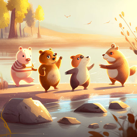 Cute cartoon bear family in autumn forest. Digital painting illustration.の素材