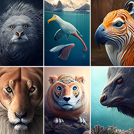 Collection of wild animals in a collage. 3D rendering.の素材
