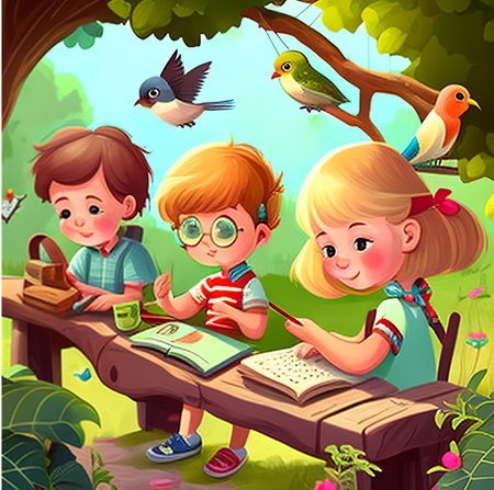 Children reading a book in the garden illustration. Vector cartoon character.の素材