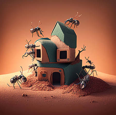 Ants around a house in the sand. 3D illustration.の素材