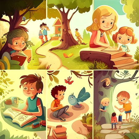 Vector illustration of children reading books in the park. Kids reading and learning.の素材
