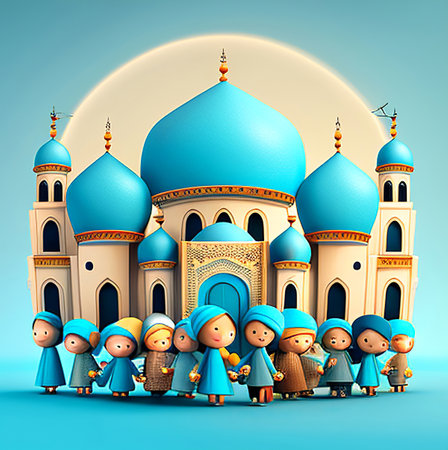 Muslim family in front of mosque. 3D illustration. Blue background.の素材