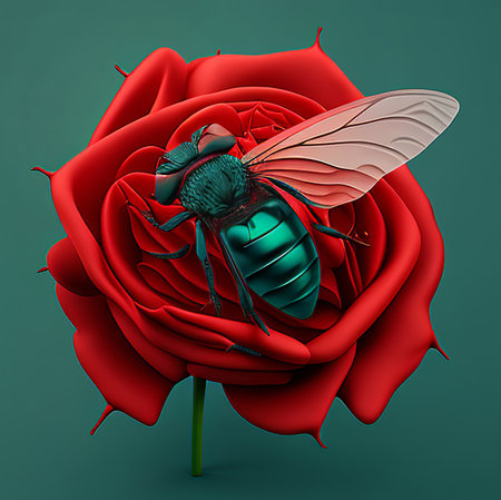Red rose with a beetle on a green background. 3d renderingの素材