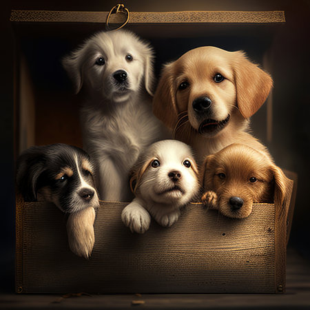 Group of golden retriever puppies in wooden box. Studio shot.の素材
