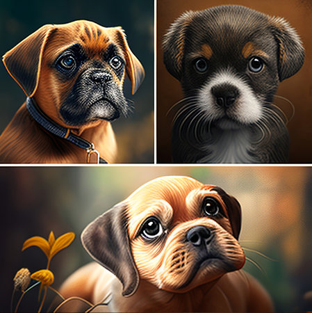 A collage of portraits of a purebred brindle puppy.の素材
