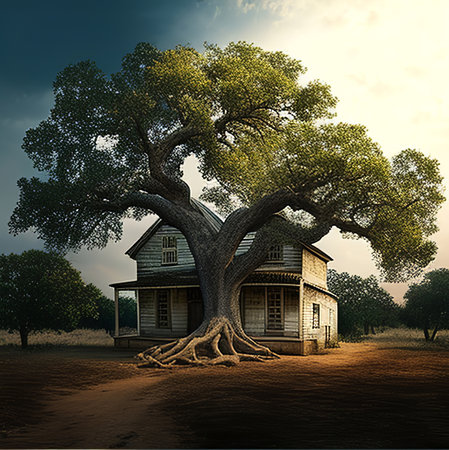 Old house in the forest with big tree. 3D render.の素材