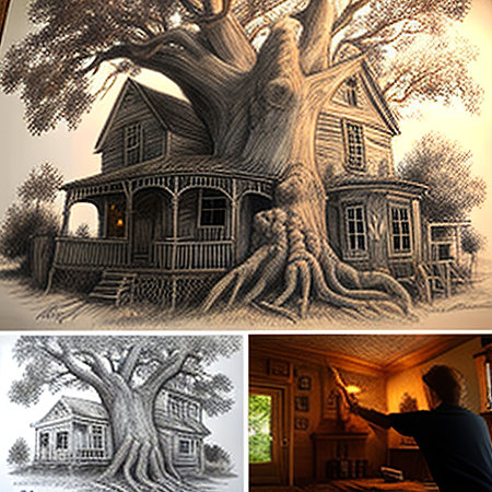 A collage of four images of a man in front of an old house.の素材