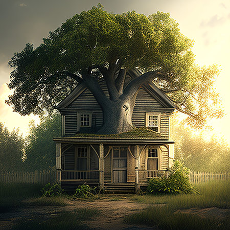 Old wooden house in the forest with a large tree. 3d renderの素材