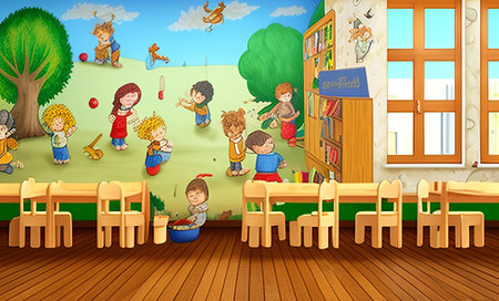 Illustration of the children playing in the classroom at the day timeの素材