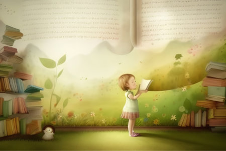 Little girl reading a book in the garden. Education and knowledge conceptの素材