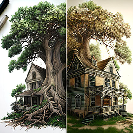 Two illustrations of an old house with a big tree in the foregroundの素材