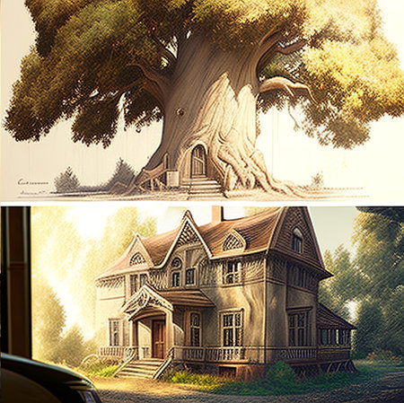 Old house in the style of the 19th century on a background of treesの素材