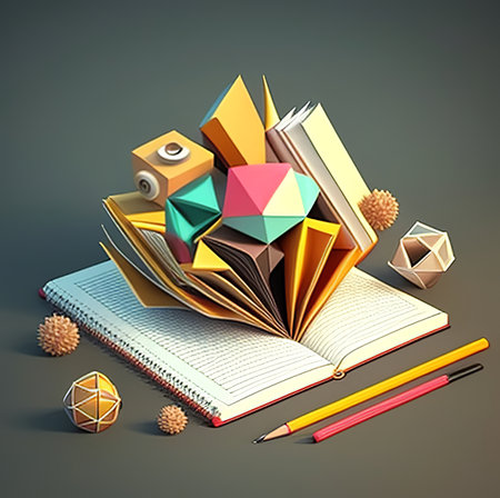Open book, pencils and camera on a gray background. 3d illustrationの素材