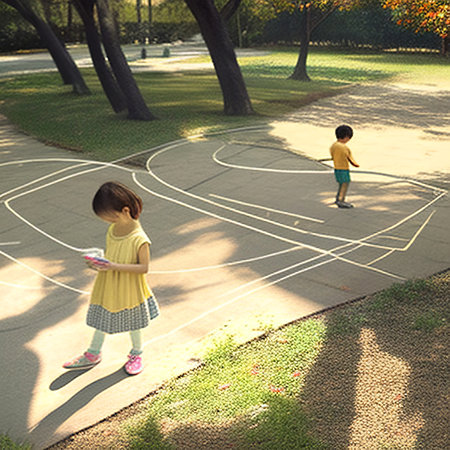 Boy and girl playing hopscotch game in the park.の素材