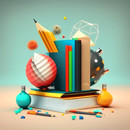 Back to school. Books, pencils, erasers and globe. 3d illustrationの素材
