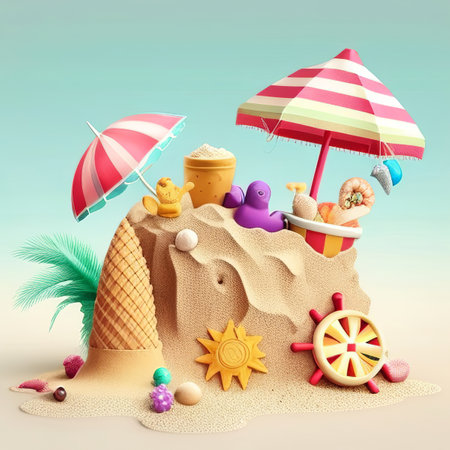 Sandcastle with toys on the beach. 3d illustration. Summer concept.の素材