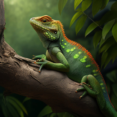 Green chameleon sitting on a branch in the tropical forest.の素材