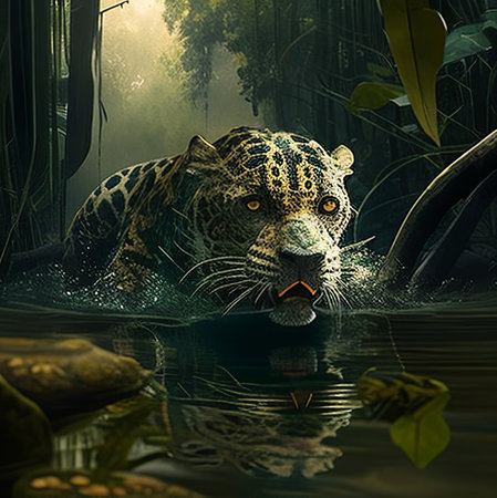 Jaguar in the jungle. 3D rendering. Digital painting.の素材