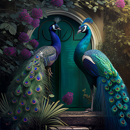 Peacock in front of the door, 3D illustration.の素材