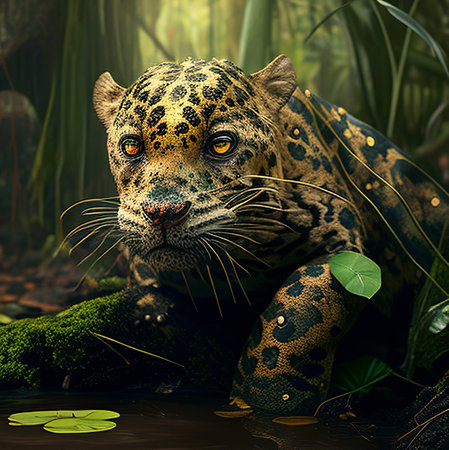 Leopard in the jungle. 3D render. Fantasy illustration.の素材