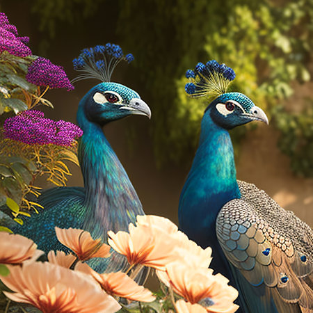 Peacock and flowers in the garden. 3D illustration.の素材