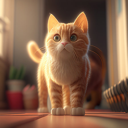 ginger cat standing on the floor at home. 3d renderingの素材