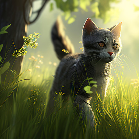 Cute cat in the green grass. 3d render illustration.の素材