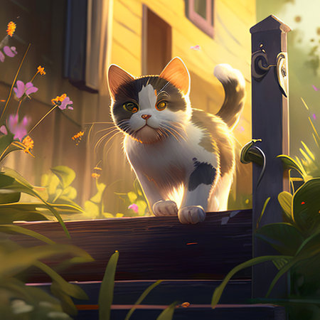 Cat sitting on the stairs in the garden.3d illustration.の素材