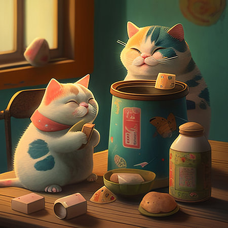 Cute cat in a pot with a cup of tea and biscuitsの素材