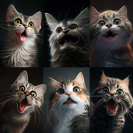 Set of cats with different emotions on a dark background. Studio shot.の素材